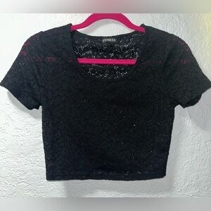 Express Black Lace Short Sleeve Crop Top, Size Small